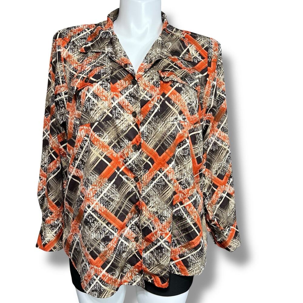 Gloria Vanderbilt Womens Button Down Blouse Western Collared Long Sleeve Orange